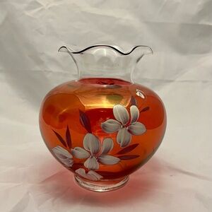 Rainbow Art Glass Huntington WV Cranberry Clear Handpainted Ruffle Vase, VTG EU